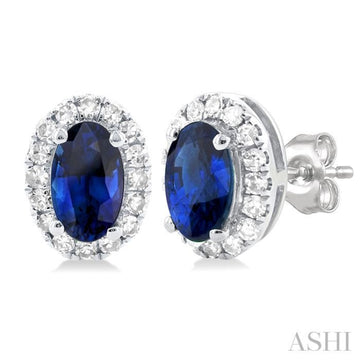 5x3 MM Oval Shape Sapphire and 1/8 Ctw Single Cut Diamond Halo Precious Stud Earrings in 14K White Gold